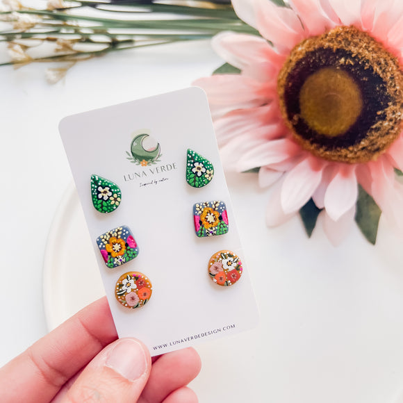 Lantana, Blooming Harvest and Greenery Stud Pack | Polymer Clay Earrings