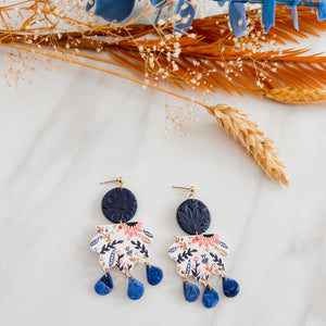 Blue & White Floral Pattern Polymer Clay Earrings